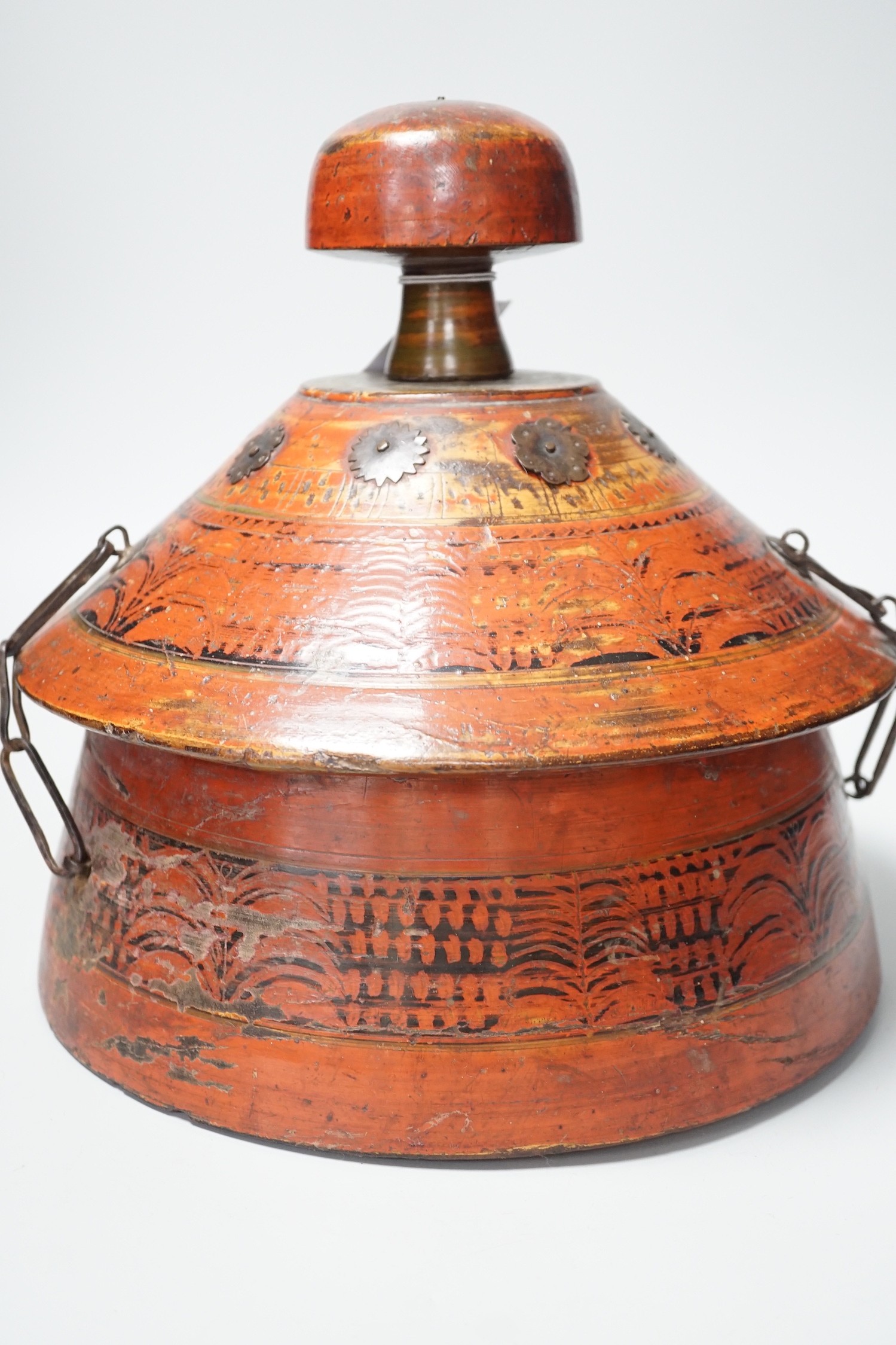 A Chinese wooden painted spice container and cover. 28cm tall